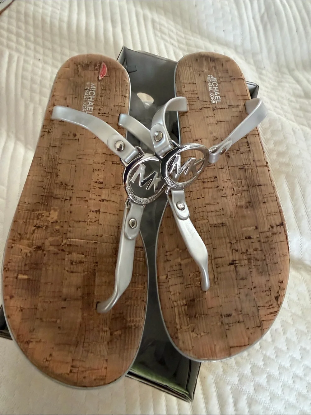 Michael Kors Silver MK Logo Cork Thong Sandals